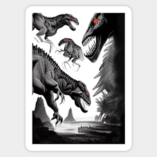 SCARY BLACK AND WHITE RED EYED DINOSAURS Sticker